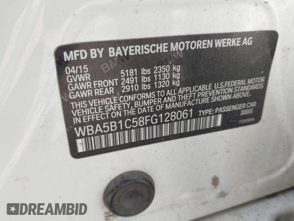 2015 BMW 5 Series 535i with VIN WBA5B1C58FG128061, listed as a IAAI auction lot 41838117 with 97,131 mi miles and . Bid and sale history available at carsss.com. Image 9.