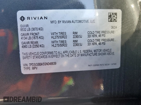 2025 Rivian R1S Adventure z VIN 7PDSGBBA5SN048839, wystawiony jako Copart lot #89199375 z przebiegiem 5177 mil mil oraz Szkody całkowita. Historia ofert i sprzedaży dostępna na DreamBid. Obrazek 15.