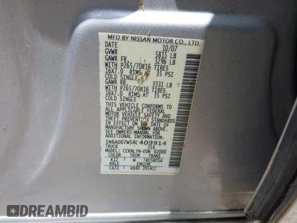 2008 Nissan Frontier SE with VIN 1N6AD07W58C409914, listed as a IAAI auction lot 42433581 with 202,534 mi miles and . Bid and sale history available at DreamBid. Image 9.