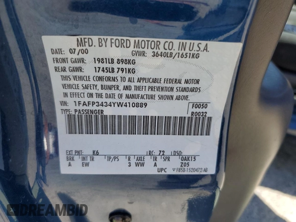 2000 Ford Focus SE z VIN 1FAFP3434YW410889, wystawiony jako Copart lot #59210555 z przebiegiem 160 170 mil mil oraz Szkoda całkowita • Salvage title. Historia ofert i sprzedaży dostępna na DreamBid. Obrazek 12.