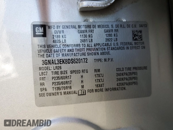 2013 Chevrolet Captiva Sport LT with VIN 3GNAL3EK8DS620172, listed as a Copart auction lot 54737045 with 120,670 mi miles and Salvage Title. Bid and sale history available at carsss.com. Image 13.