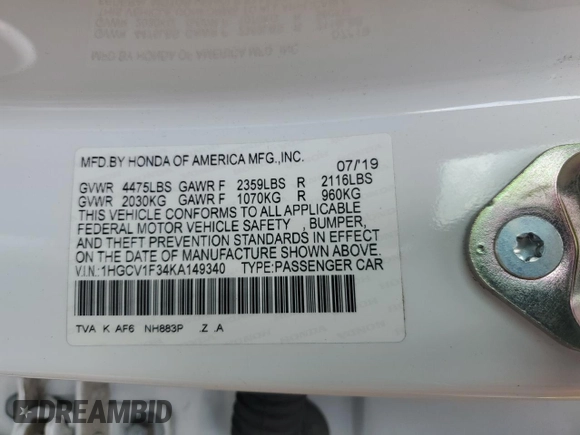 2019 Honda Accord Sport with VIN 1HGCV1F34KA149340, listed as a Copart auction lot 54441635 with 103,444 mi miles and Salvage Title. Bid and sale history available at DreamBid. Image 13.