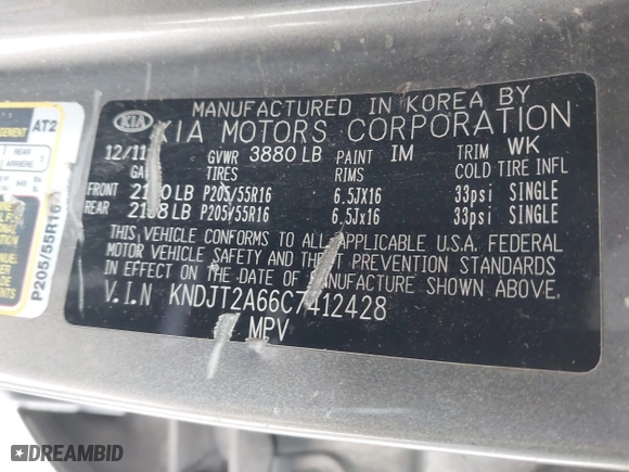 2012 Kia Soul + with VIN KNDJT2A66C7412428, listed as a IAAI auction lot 41636685 with 165,512 mi miles. Bid and sale history available at carsss.com. Image 9.