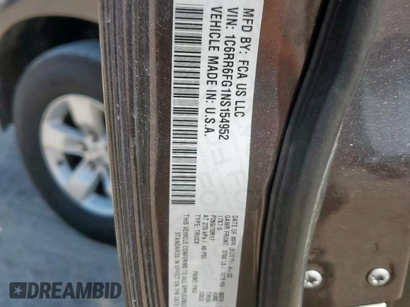 2022 Ram 1500 Tradesman with VIN 1C6RR6FG1NS154952, listed as a Copart auction lot 57466665 with 44,284 mi miles and Salvage title. Bid and sale history available at DreamBid. Image 12.