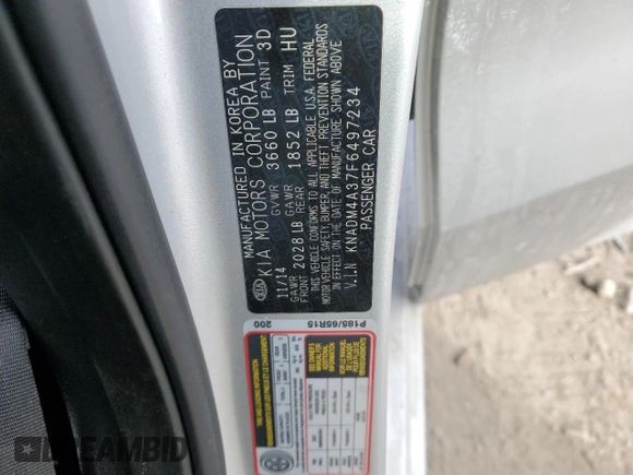 2015 Kia Rio LX with VIN KNADM4A37F6497234, listed as a Copart auction lot 45778255 with 118,002 mi miles and Salvage Title. Bid and sale history available at carsss.com. Image 14.