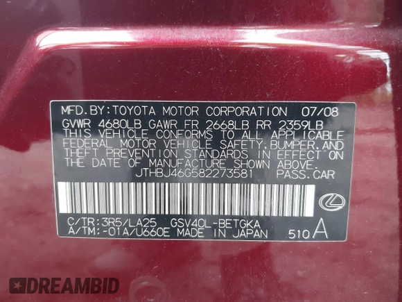 2008 Lexus ES 330 с VIN JTHBJ46G582273581, выставлен на аукционе IAAI как лот 42467742 с пробегом 206 655 миль миль и . История ставок и продаж доступна на DreamBid. Изображение 9.