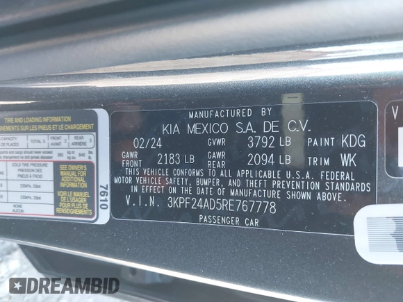 2024 Kia Forte LXS with VIN 3KPF24AD5RE767778, listed as a IAAI auction lot 41415753 with 11,321 mi miles and . Bid and sale history available at DreamBid. Image 9.