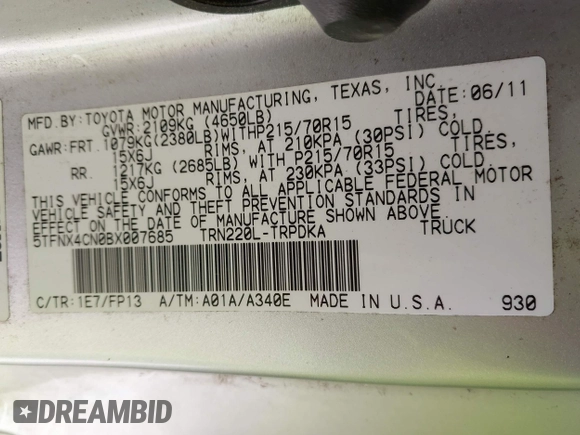 2011 Toyota Tacoma with VIN 5TFNX4CN0BX007685, listed as a IAAI auction lot 42044570 with 174,386 mi miles and . Bid and sale history available at DreamBid. Image 9.