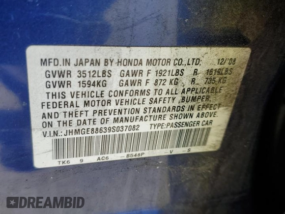 2009 Honda Fit Sport w/Navi with VIN JHMGE88639S037082, listed as a Copart auction lot 53303755 with 213,931 mi miles and Salvage Title. Bid and sale history available at carsss.com. Image 12.