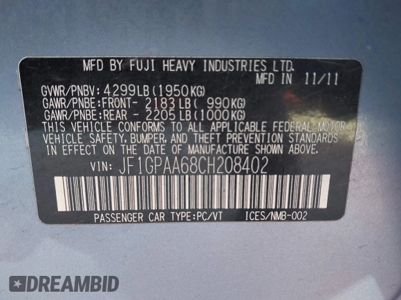 2012 Subaru Impreza 2.0i с VIN JF1GPAA68CH208402, выставлен на аукционе IAAI как лот 41248834 с пробегом 105 263 миль миль и . История ставок и продаж доступна на DreamBid. Изображение 9.