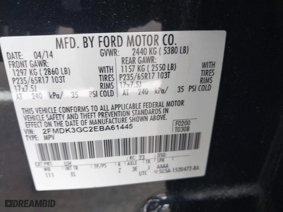 2014 Ford Edge SE with VIN 2FMDK3GC2EBA61445, listed as a IAAI auction lot 41962589 with 133,724 mi miles. Bid and sale history available at carsss.com. Image 9.