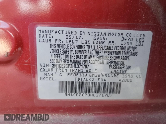 2017 Nissan Note S Plus z VIN 3N1CE2CP3HL371707, wystawiony jako Copart lot #59588715 z przebiegiem 58 554 mil mil oraz Szkoda całkowita • Salvage title. Historia ofert i sprzedaży dostępna na DreamBid. Obrazek 14.