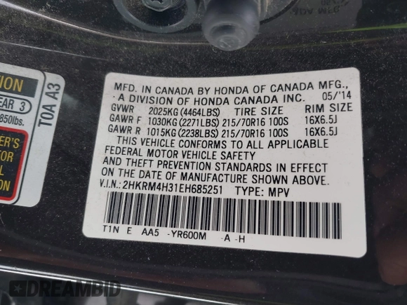 2014 Honda CR-V LX with VIN 2HKRM4H31EH685251, listed as a IAAI auction lot 41353619 with 125,793 mi miles and . Bid and sale history available at carsss.com. Image 9.