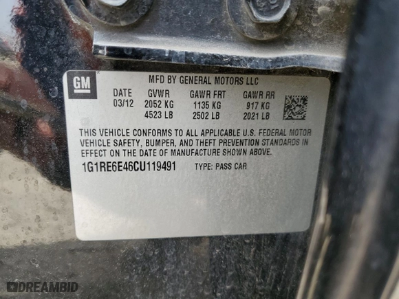 2012 Chevrolet Volt with VIN 1G1RE6E46CU119491, listed as a Copart auction lot 52973065 with 112,025 mi miles and Clean Title. Bid and sale history available at carsss.com. Image 12.