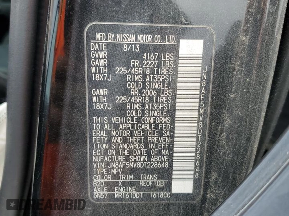 2013 Nissan Juke SL with VIN JN8AF5MV8DT228648, listed as a Copart auction lot 53455535 with Not Provided miles and Salvage Title. Bid and sale history available at DreamBid. Image 13.