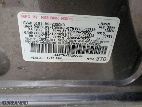 2010 Mitsubishi Outlander GT with VIN JA4JT5AX7AZ007961, listed as a Copart auction lot 49926875 with 172,033 mi miles and Salvage Title. Bid and sale history available at carsss.com. Image 15.
