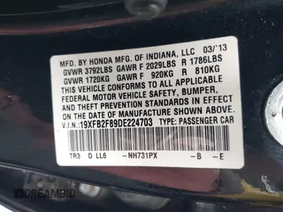 2013 Honda Civic EX with VIN 19XFB2F89DE224703, listed as a IAAI auction lot 41969930 with 109,009 mi miles and . Bid and sale history available at DreamBid. Image 9.