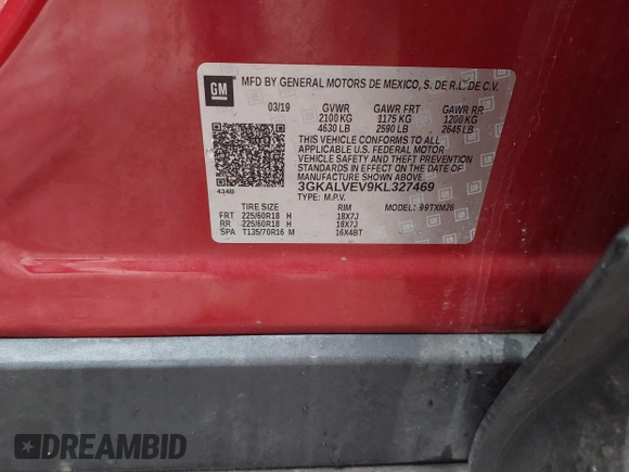 2019 GMC Terrain SLT with VIN 3GKALVEV9KL327469, listed as a IAAI auction lot 41995450 with 35,486 mi miles. Bid and sale history available at carsss.com. Image 9.