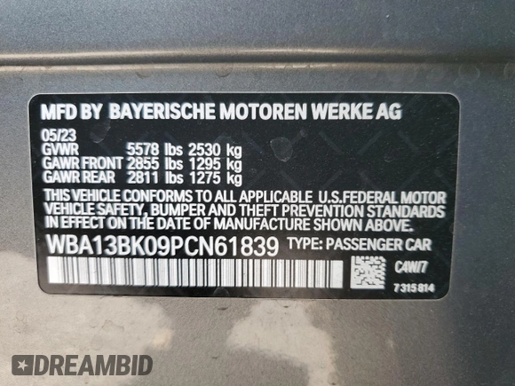 2023 BMW 5 Series M550i xDrive with VIN WBA13BK09PCN61839, listed as a Copart auction lot 76614694 with 16,279 mi miles and Salvage title. Bid and sale history available at DreamBid. Image 14.