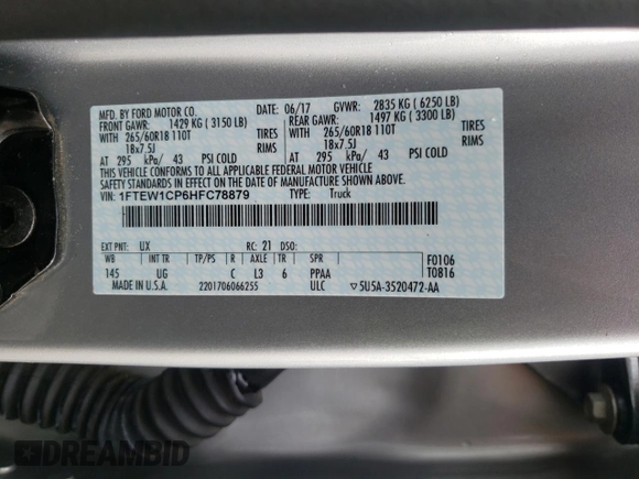 2017 Ford F-150 XL с VIN 1FTEW1CP6HFC78879, выставлен на аукционе Copart как лот 58941345 с пробегом 162 816 миль миль и Списание • Salvage title. История ставок и продаж доступна на DreamBid. Изображение 12.