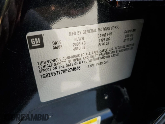 2008 Saturn Aura XR with VIN 1G8ZV57778F274646, listed as a Copart auction lot 55964435 with 49,154 mi miles and Clean Title. Bid and sale history available at DreamBid. Image 12.