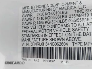 2022 Honda Odyssey Touring with VIN 5FNRL6H84NB062604, listed as a IAAI auction lot 41724006 with 41,351 mi miles and . Bid and sale history available at DreamBid. Image 9.