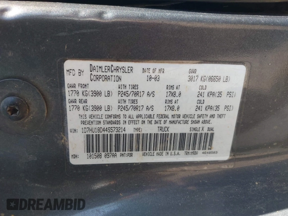 2004 Dodge 1500 SLT with VIN 1D7HU18D44S573214, listed as a IAAI auction lot 42054270 with 376,750 mi miles and . Bid and sale history available at carsss.com. Image 9.