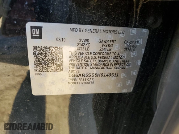 2019 Cadillac CTS Sedan Luxury RWD with VIN 1G6AR5SS5K0140511, listed as a Copart auction lot 84736454 with 74,344 mi miles and Salvage Title. Bid and sale history available at carsss.com. Image 12.