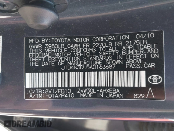 2010 Toyota Prius II with VIN JTDKN3DU5A0163687, listed as a IAAI auction lot 42208174 with 200,328 mi miles and . Bid and sale history available at DreamBid. Image 9.