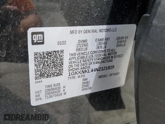 2022 GMC Acadia SLE с VIN 1GKKNKL44NZ121819, выставлен на аукционе Copart как лот 58531225 с пробегом 58 560 миль миль и Списание • Salvage title. История ставок и продаж доступна на DreamBid. Изображение 13.
