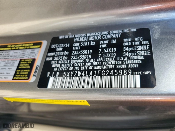 2015 Hyundai Santa Fe Sport with VIN 5XYZW4LA1FG245989, listed as a Copart auction lot 45846315 with 75,078 mi miles and Salvage Title. Bid and sale history available at carsss.com. Image 13.