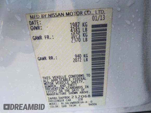 2013 Nissan Altima SV with VIN 1N4BL3AP8DC212068, listed as a IAAI auction lot 42022858 with 67,177 mi miles and . Bid and sale history available at DreamBid. Image 9.