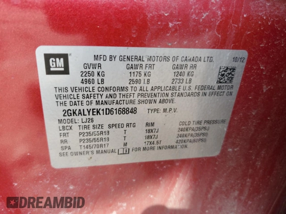 2013 GMC Terrain Denali with VIN 2GKALYEK1D6168848, listed as a Copart auction lot 50791795 with 173,870 mi miles and Non Repairable. Bid and sale history available at DreamBid. Image 12.
