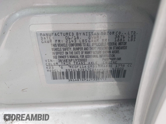 2018 Nissan Sentra S with VIN 3N1AB7AP1JY339993, listed as a IAAI auction lot 41543169 with 50,477 mi miles and . Bid and sale history available at DreamBid. Image 9.