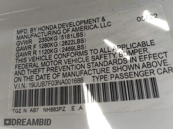 2022 Acura TLX Type S with VIN 19UUB7F03NA001688, listed as a IAAI auction lot 42406858 with Not provided miles and . Bid and sale history available at DreamBid. Image 9.