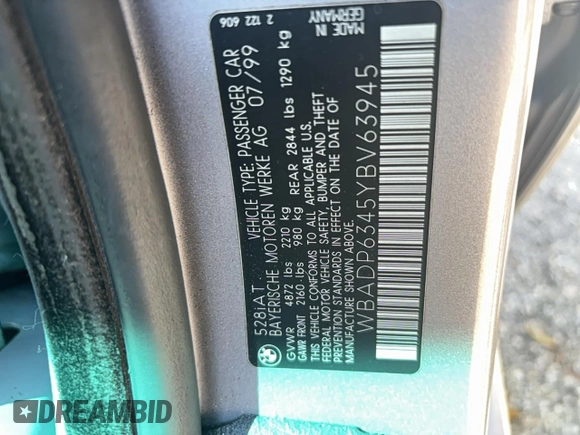 2000 BMW 5 Series 528iAt with VIN WBADP6345YBV63945, listed as a Copart auction lot 76298424 with 0 mi miles and Salvage Title. Bid and sale history available at carsss.com. Image 12.