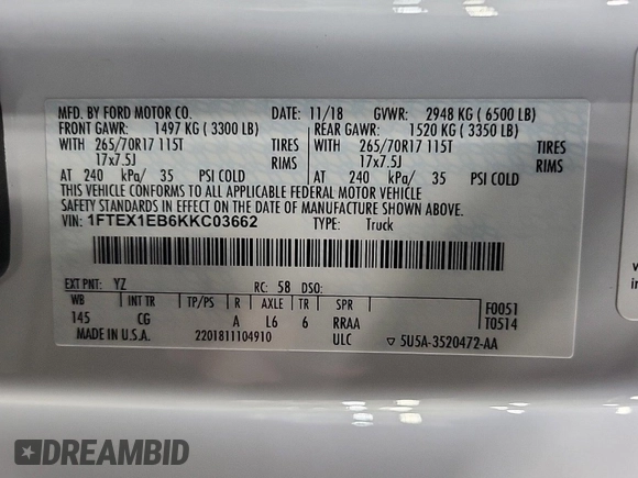2019 Ford F-150 XL with VIN 1FTEX1EB6KKC03662, listed as a IAAI auction lot 42785529 with 158,102 mi miles and . Bid and sale history available at DreamBid. Image 9.