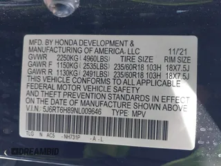 2022 Honda CR-V EX-L with VIN 5J6RT6H89NL009646, listed as a IAAI auction lot 41758189 with 26,256 mi miles and . Bid and sale history available at DreamBid. Image 9.