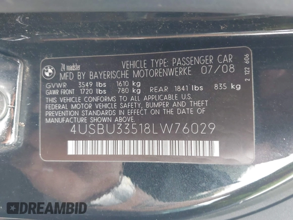 2008 BMW Z4 3.0i z VIN 4USBU33518LW76029, wystawiony jako IAAI lot #40755962 z przebiegiem 112 963 mil mil oraz . Historia ofert i sprzedaży dostępna na DreamBid. Obrazek 9.