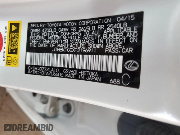 2015 Lexus ES 330 with VIN JTHBK1GGXF2196911, listed as a Copart auction lot 43088285 with 84,437 mi miles and Salvage Title. Bid and sale history available at DreamBid. Image 13.