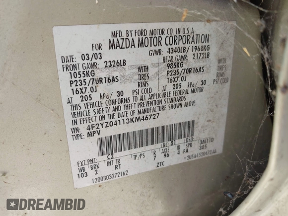 2003 Mazda Tribute LX with VIN 4F2YZ04113KM46727, listed as a IAAI auction lot 42196041 with Not Provided miles and . Bid and sale history available at DreamBid. Image 9.