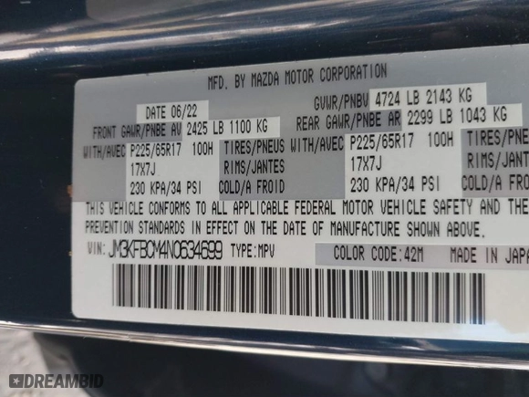2022 Mazda CX-5 2.5 S Carbon Edition with VIN JM3KFBCM4N0634699, listed as a IAAI auction lot 41591253 with NaN miles. Bid and sale history available at carsss.com. Image 9.