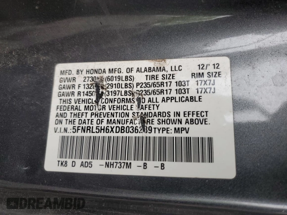 2013 Honda Odyssey EX-L with VIN 5FNRL5H6XDB036239, listed as a Copart auction lot 56377435 with Not provided miles and Salvage title. Bid and sale history available at DreamBid. Image 14.