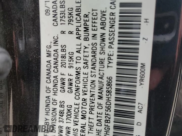 2013 Honda Civic LX z VIN 2HGFB2F56DH585866, wystawiony jako Copart lot #56435615 z przebiegiem 179 194 mil mil oraz Szkoda całkowita • Salvage title. Historia ofert i sprzedaży dostępna na DreamBid. Obrazek 13.