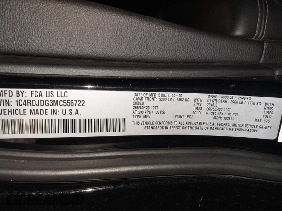 2021 Dodge Durango GT Plus with VIN 1C4RDJDG3MC556722, listed as a IAAI auction lot 41735412 with 46,785 mi miles and . Bid and sale history available at DreamBid. Image 9.
