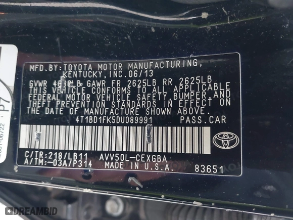 2013 Toyota Camry Hybrid LE with VIN 4T1BD1FK5DU089991, listed as a IAAI auction lot 41953719 with 222,713 mi miles. Bid and sale history available at carsss.com. Image 9.