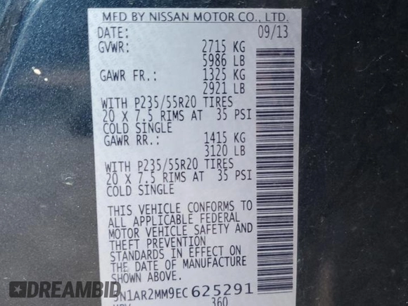 2014 Nissan Pathfinder S z VIN 5N1AR2MM9EC625291, wystawiony jako Copart lot #55962045 z przebiegiem 151 750 mil mil oraz Szkoda całkowita • Salvage title. Historia ofert i sprzedaży dostępna na DreamBid. Obrazek 13.