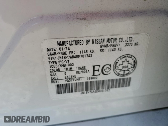 2014 Infiniti Q50 Premium with VIN JN1BV7AR4EM701742, listed as a Copart auction lot 53336985 with Not provided miles and Salvage title. Bid and sale history available at DreamBid. Image 12.