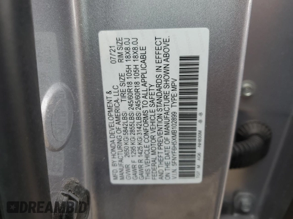 2021 Honda Pilot EX-L with VIN 5FNYF6H5XMB102899, listed as a Copart auction lot 48393705 with 29,774 mi miles and Salvage Title. Bid and sale history available at DreamBid. Image 14.