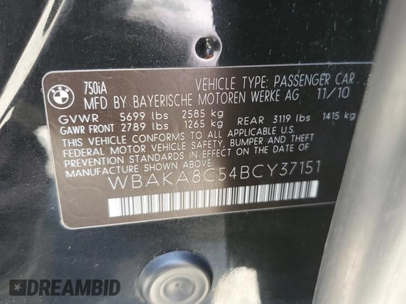 2011 BMW 7 Series 750i with VIN WBAKA8C54BCY37151, listed as a Copart auction lot 59629625 with 189,662 mi miles and Clean title. Bid and sale history available at DreamBid. Image 12.